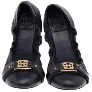 Tory Burch Ambrose Ballet Flats Womens 8 1/2 Black Ballerina Gold Logo Slip On
